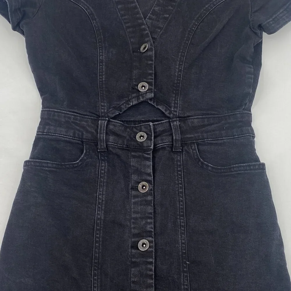 Zara Size Small Black Denim Dress Button Up Short Sleeve Cutout Y2K Grunge